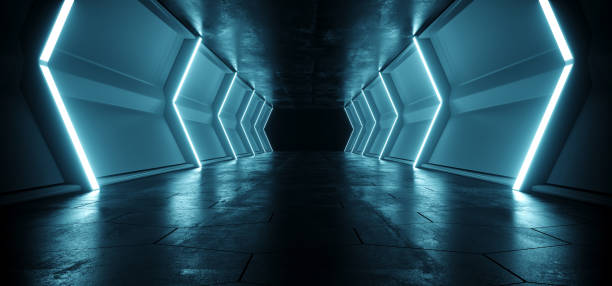 istock Neon Blue Lighted Sci Fi Futuristic Alien Ship Reflective Empty Dark Tunnel Corridor With Reflective Metal Texture And Grunge Concrete Floor Empty Space For Text Background Technology 3D Rendering 1086671132