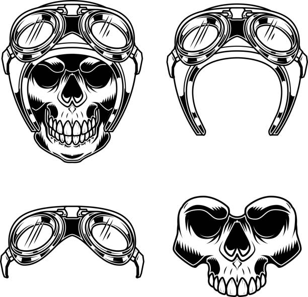 Biker skull in racer helmet. For label, sign, poster, card. Biker skull in racer helmet. For label, sign, poster, card. Vector image cafe racer stock illustrations