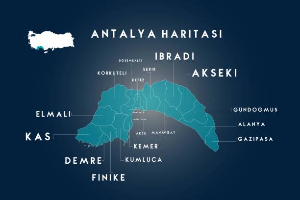 ilustraciones, imágenes clip art, dibujos animados e iconos de stock de antalya dosemealti korkuteli, kepez, serik, i̇bradi, de los districtos akseki, gundogmus, alanya, daday, konyalalti, muratpasa, aksu, manavgat, kemer, kas, finike, demre, kas, mapa de elmali, turquía - serik