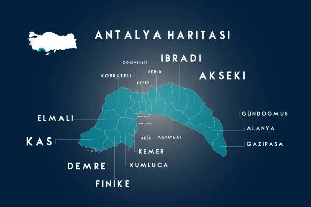 Vector illustration of Antalya districts Dosemealti, Korkuteli, Kepez, Serik, Hebrew, Akseki, Gundogmus, Alanya, Gazipasa, Konyalalti, Muratpasa, Aksu, Manavgat, Kemer, Kumluca, Finike, Demre, Kas, Elmali map, Turkey