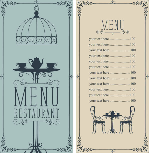 menu with price, image of served table and chairs Vector menu for restaurant or cafe with a price list and a table for two, chairs and tea in a figured frame with curls in the art Deco style lunch designs stock illustrations