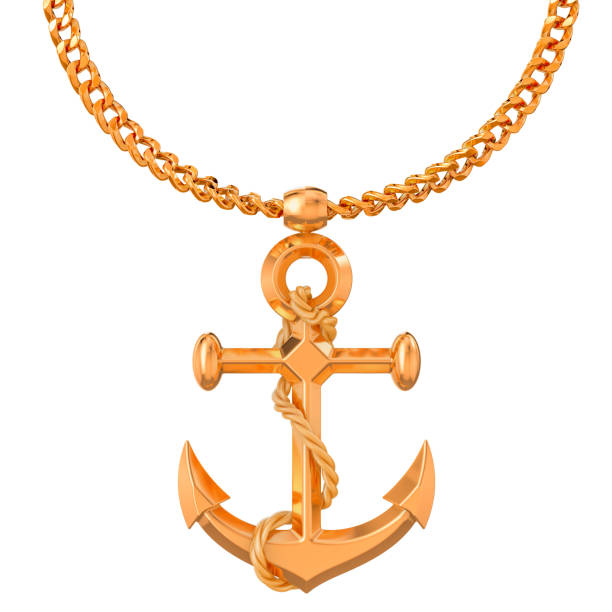 istock Gold anchor on golden chain, 3D rendering isolated on white background 1086680008