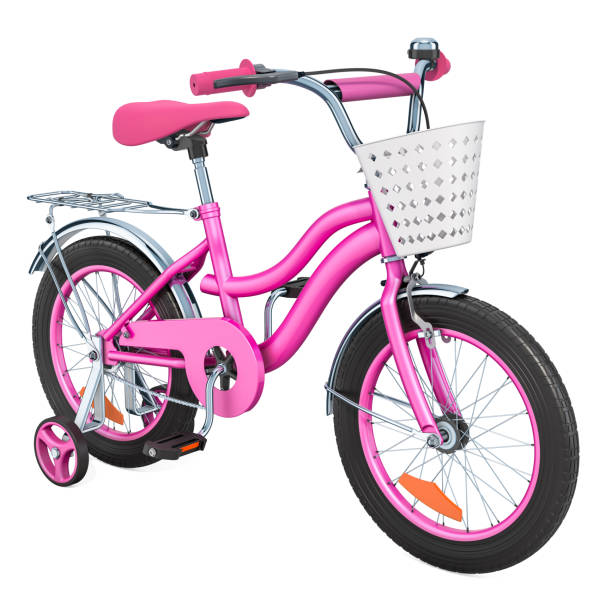 kinder fahrrad für mädchen mit stützrädern und korb, rosa farbe. 3d-rendering isoliert auf weißem hintergrund - stützrad stock-fotos und bilder