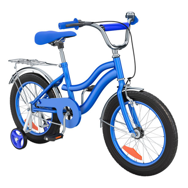vélos enfants pour garçons avec roues stabilisatrices, couleur bleu. rendu 3d isolé sur fond blanc - roue stabilisatrice photos et images de collection