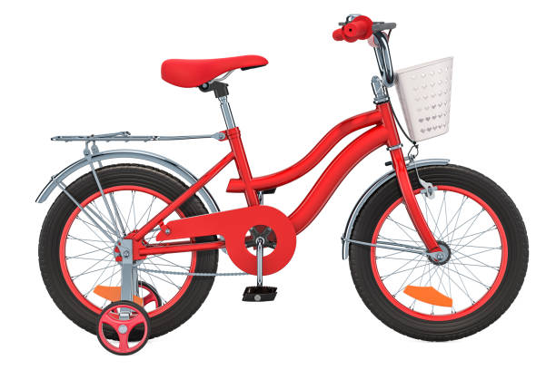 kinder fahrrad mit stützrädern und korb, rote farbe. 3d-rendering isoliert auf weißem hintergrund - stützrad stock-fotos und bilder