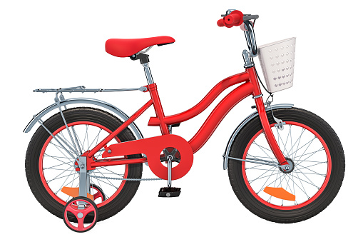 Kids Bicycle with training wheels and basket, red color. 3D rendering isolated on white background