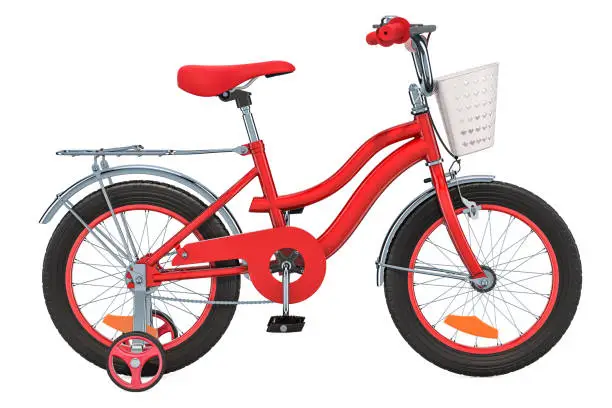 Kids Bicycle with training wheels and basket, red color. 3D rendering isolated on white background