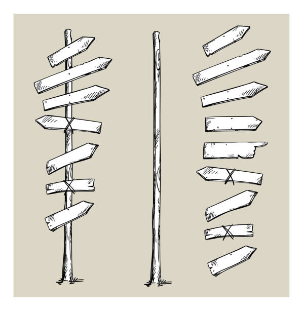 drewniany drogowskaz ze strzałkami, ilustracja wektorowa - directional sign stock illustrations