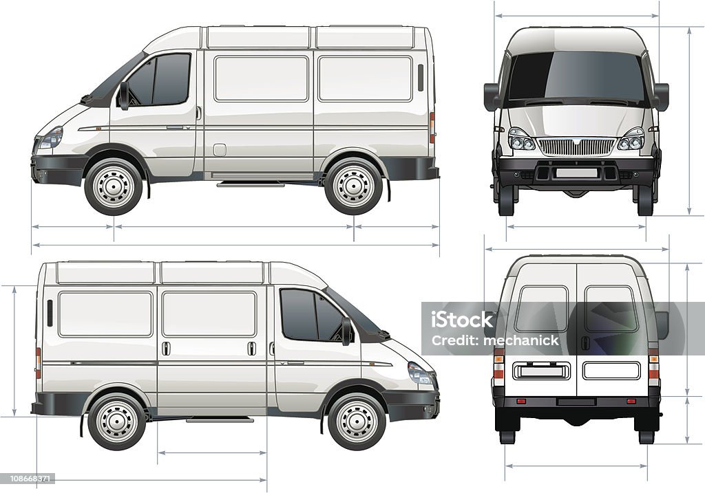 Delivery / cargo van Vector delivery / cargo van in dimensions. Available eps-8, cdr-10 and ai-10 vector format separated by groups for easy edit. Mini Van stock vector