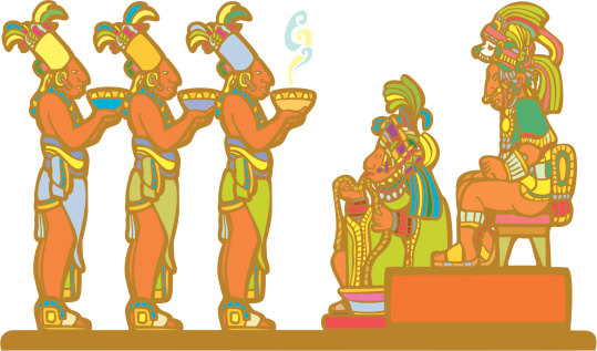 Mayan king and court recieving tribute derived from mayan temple imagery.