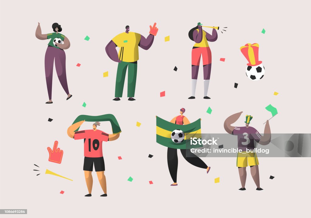 Football Brazil Fan Character Set Illustration. Happy Friend Team Celebrate Brazilian Soccer National Victory. Man Woman Crowd Hold Flag, Scarf Isolated Background Flat Cartoon Vector Collection Fan - Enthusiast stock vector