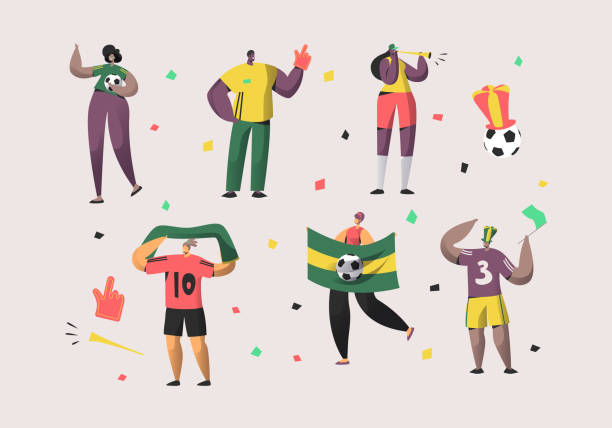 Football Brazil Fan Character Set Illustration. Happy Friend Team Celebrate Brazilian Soccer National Victory. Man Woman Crowd Hold Flag, Scarf Isolated Background Flat Cartoon Vector Collection Football Brazil Fan Character Set Illustration. Happy Friend Team Celebrate Brazilian Soccer National Victory. Man Woman Crowd Hold Flag, Scarf Isolated Background Flat Cartoon Vector Collection cheering illustrations stock illustrations