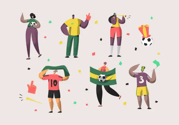 Vector illustration of Football Brazil Fan Character Set Illustration. Happy Friend Team Celebrate Brazilian Soccer National Victory. Man Woman Crowd Hold Flag, Scarf Isolated Background Flat Cartoon Vector Collection