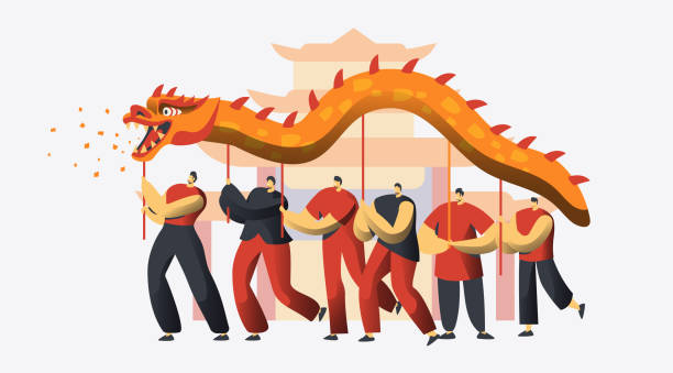 chinese new year dragon dance festival. asiatische lunar urlaub zeichen traditionelle party-parade. glücklicher mann feiern wohlstand konzept für banner-flache cartoon-vektor-illustration - dragon chinese dragon china chinese ethnicity stock-grafiken, -clipart, -cartoons und -symbole