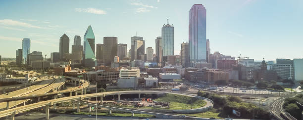 istock Panoramic top view Dallas expressway viaduct and modern downtown skylines 1086695628