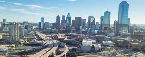 istock Panoramic top view Dallas expressway viaduct and modern downtown skylines 1086697740