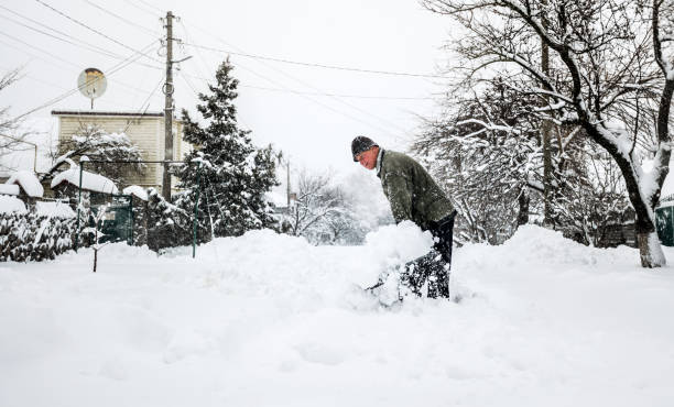 mann mit einer schaufel reinigt die strecke aus dem schnee - snow digging horizontal people stock-fotos und bilder