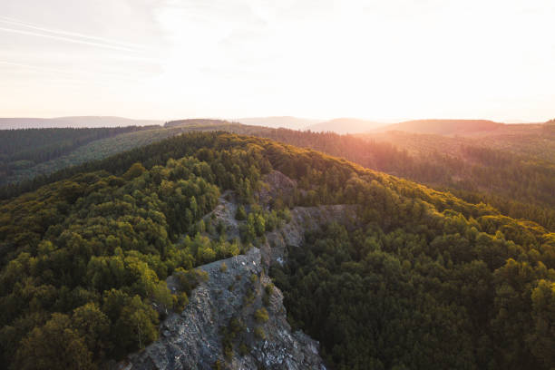 Sunrise over a forest with trees. Beautiful sunrise over a forest with trees. Taken with a drone in the Hochsauerland. winterberg stock pictures, royalty-free photos & images