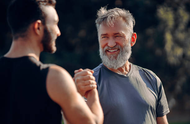 istock The happy father and son greeting outdoor 1086711236