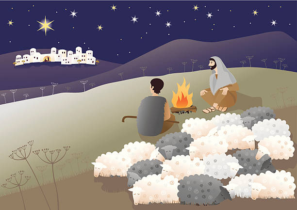 Cartoon showing the birth of Messiah Shepherds are looking what has happened in Bethlehem. shepherd stock illustrations