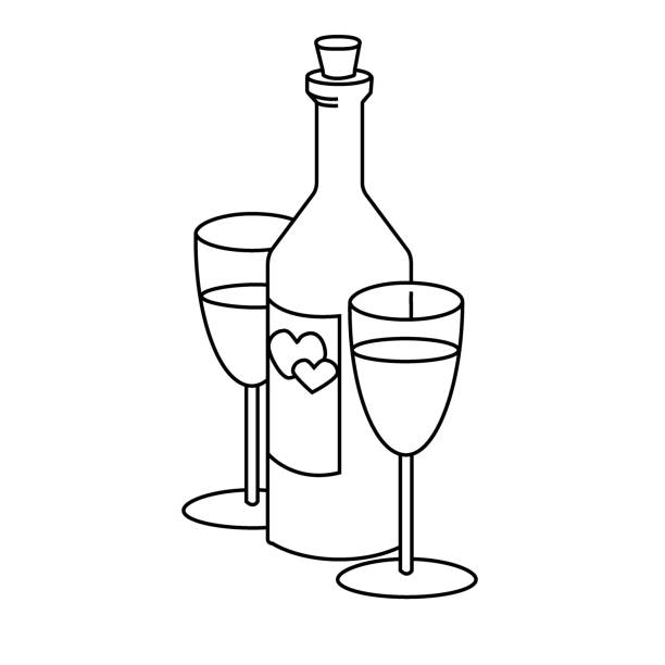 ilustrações, clipart, desenhos animados e ícones de vinho e dois copo de vinho, dia dos namorados feliz - champagne flute champagne black wineglass