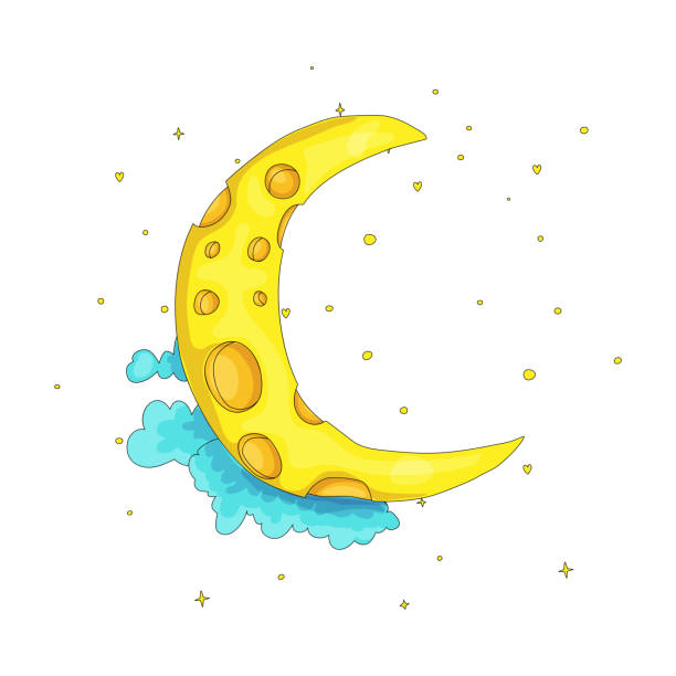 istock Fun cartoon yellow crescent moon among the clouds icon. Yellow magic crescent moon with decoration on white background. Magical yellow crescent moon in dreams vector icon. 1086725330