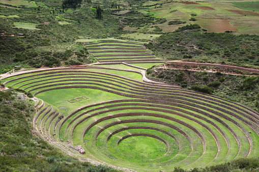 Ancient circular experimental farm structure used by the Inca in Maras, Sacred Valley, Peru