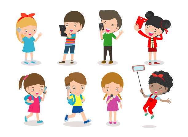 ilustraciones, imágenes clip art, dibujos animados e iconos de stock de adicción al smartphone, niños con smartphone, los niños con móvil, muchacho y muchacha con teléfono, niño con gadgets, personas con su smartphone, persona en la red social, aislado sobre fondo blanco - babies and children audio