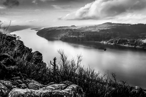 A black and white photograph of the Columbia River from Angel Rest Outlook on the Oregon side.