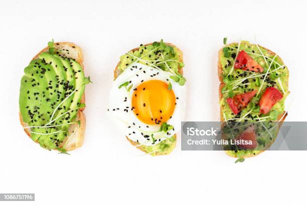 Three Healthy Toasts Stock Photo - Download Image Now - Avocado, Toasted Bread, Directly Above