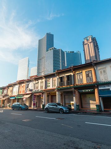 Singapore - December 4, 2018: Old and modern building view at Kampong Glam in the morning with blue bright sky.