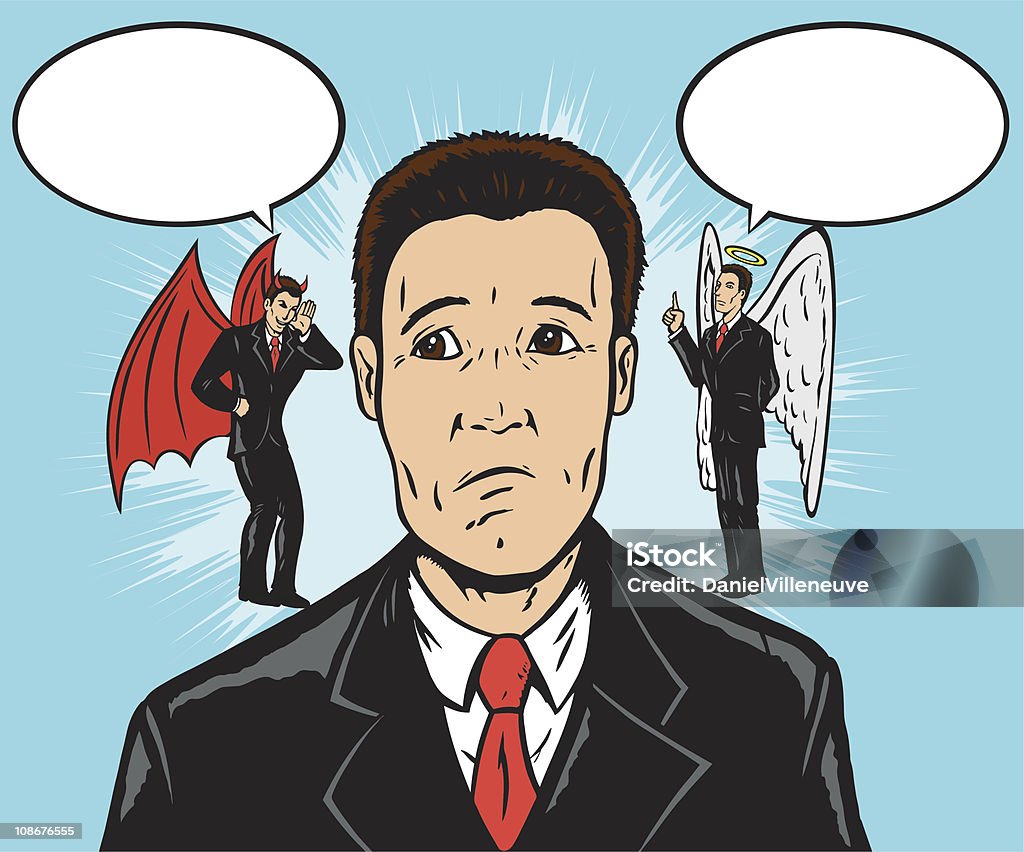 The Devil made me do it Man with a devil and his angel talking to him. Devil's wings are on a separate layer, and can be removed. Devil stock vector
