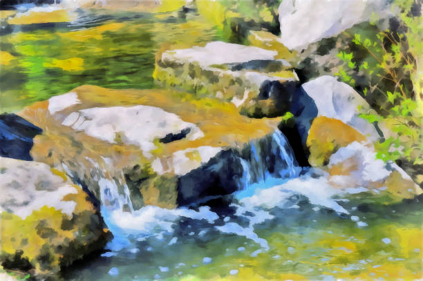 istock Abstract watercolor landscape. Mountain stream 1086767118