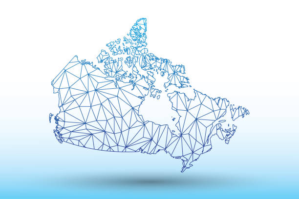 ilustraciones, imágenes clip art, dibujos animados e iconos de stock de vector de canada mapa de líneas conectadas geométrica de color azul con triángulos de red fuerte de significado de ilustración de fondo claro - cartography canada white map