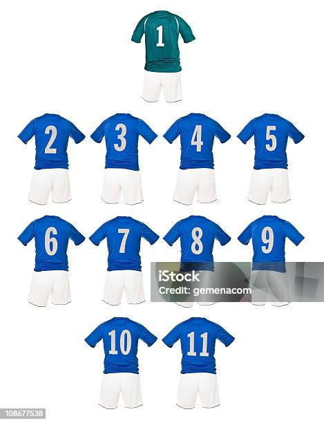 Blue Fußballshirts Stockfoto und mehr Bilder von Sporttrikot - Sporttrikot, Zahl, Freisteller – Neutraler Hintergrund
