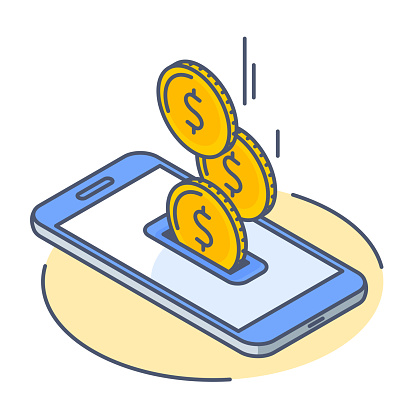 istock Line isometric illustration of coins droping into smart phone screen. 1086787368