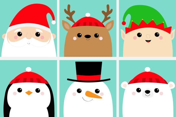 ilustrações de stock, clip art, desenhos animados e ícones de santa claus elf raindeer deer snowman bear penguin bird face head icon set. merry christmas. new year. cute cartoon funny kawaii baby character. greeting card. flat design blue background. - baby icons audio