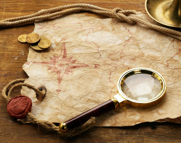 Vintage Map And Accessories Stock Photo - Download Image Now - Treasure Hunt,  Archaeologist, Magnifying Glass - iStock