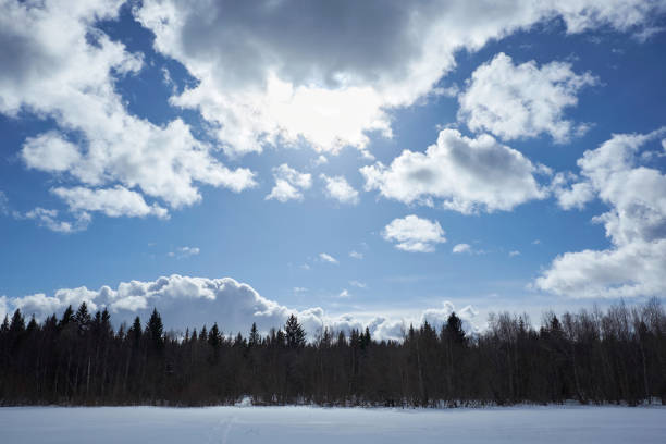 istock lake in winter, clouds in the sky, forest 1086797020