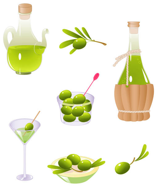 olives and olive oil green olives and olive oil martini royale stock illustrations