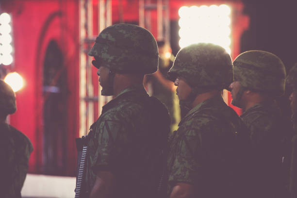 Monterrey, Nuevo Leon / Mexico - 09 15 2017: Mexican soldiers at mexican independence celebration at municipal palace in Monterrey Mexico
