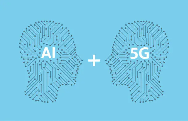 Vector illustration of AI+5G in the Cyborg head, Artificial intelligence of digital human.