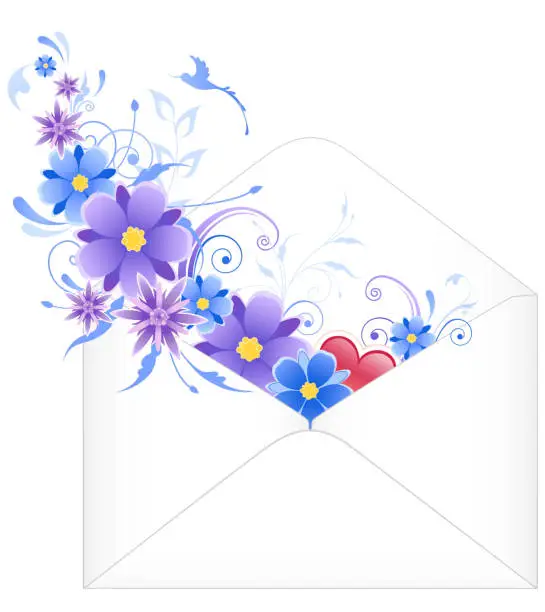 Vector illustration of envelope with blue flowers