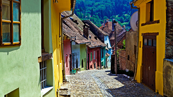 A beautiful colored street in the medieval town of Sighisoara. Birthplace of Dracula.