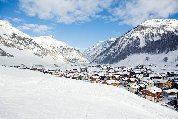 The alpine chalets on a very cold winter day stock photo