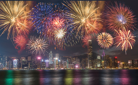 Fireworks display at Hong Kong Victoria Bay on Chinese New Year Celebration
