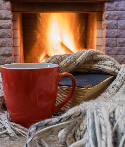 istock Cozy scene before fireplace with red mug of tea, a book, wool scarf. 1086808638