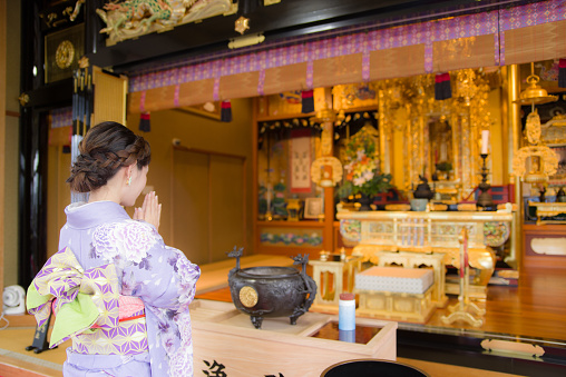 Tokyo, Japan- 1 April 2023; Buddhist Senso-ji Temple or Asakusa Kannon in Asakusa, Taito City ward with tourists and local around temple