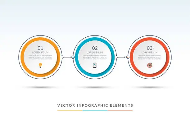 Vector illustration of Vector timeline infographic template of 3 circles. Can be used for web design, diagram, step options, chart, graph, business presentation.
