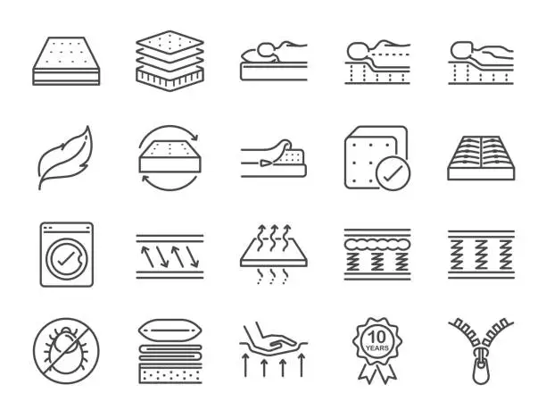 Vector illustration of Mattress line icon set. Included the icons as washable cover, breathable, memory foam, bedding, pad and more.